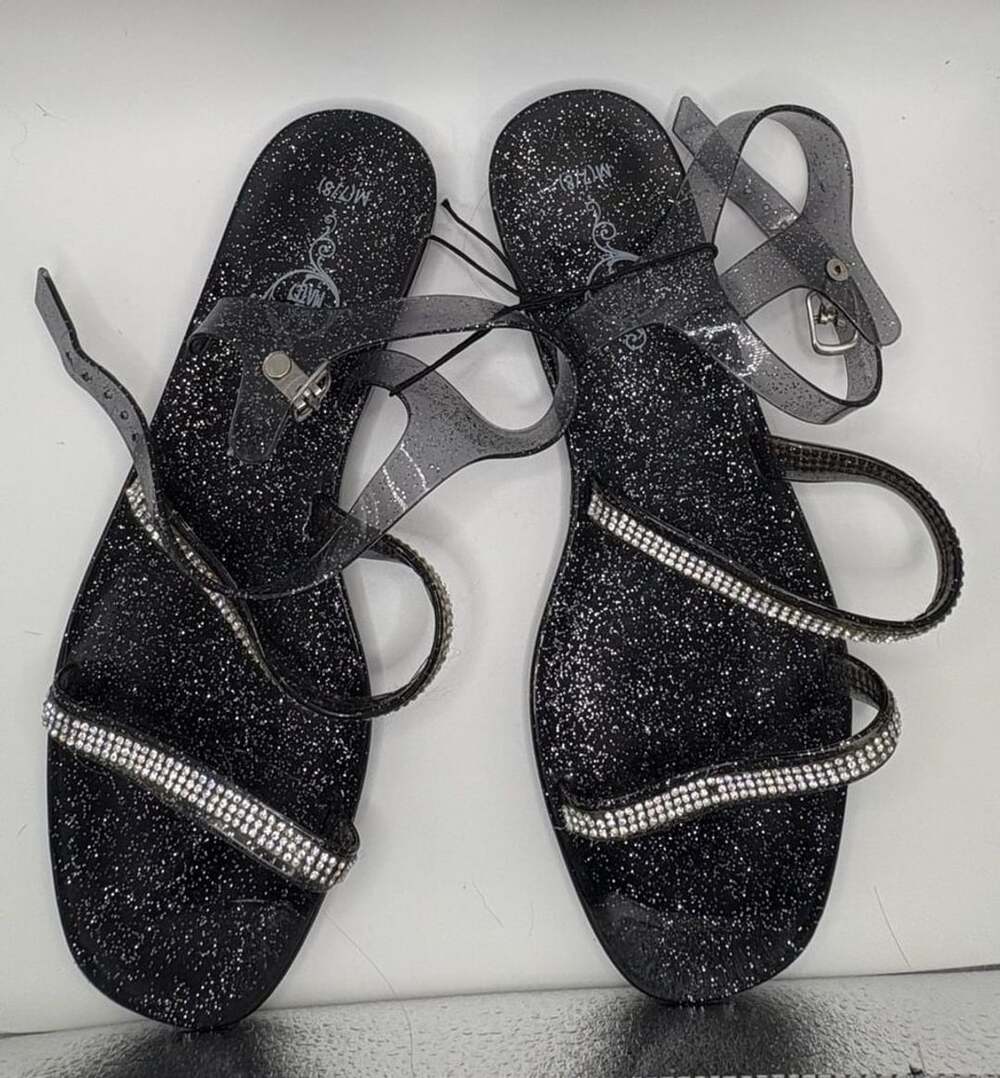 Black Glitter Rhinestone Jelly Sandals Size 8